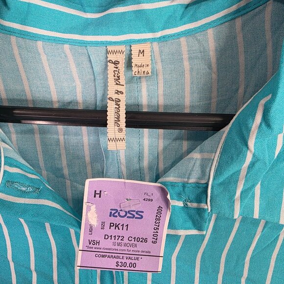 Womens Grand & Greene Blue & White Striped Blouse Button Up Long Sleeve Rayon M - Picture 2 of 8